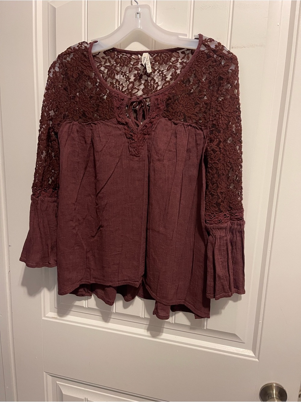 Mudd Women's Lace Yoke Peasant Top - Wine - Bohemian Festival
